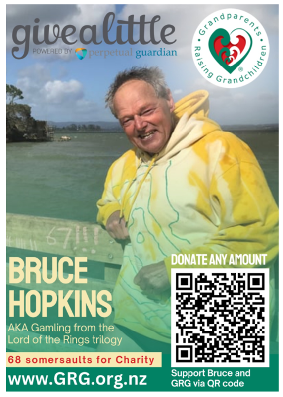 Bruce Hopkins; 68 Somersaults for Charity Grandparents Raising Grandchildren Trust NZ (GRG)